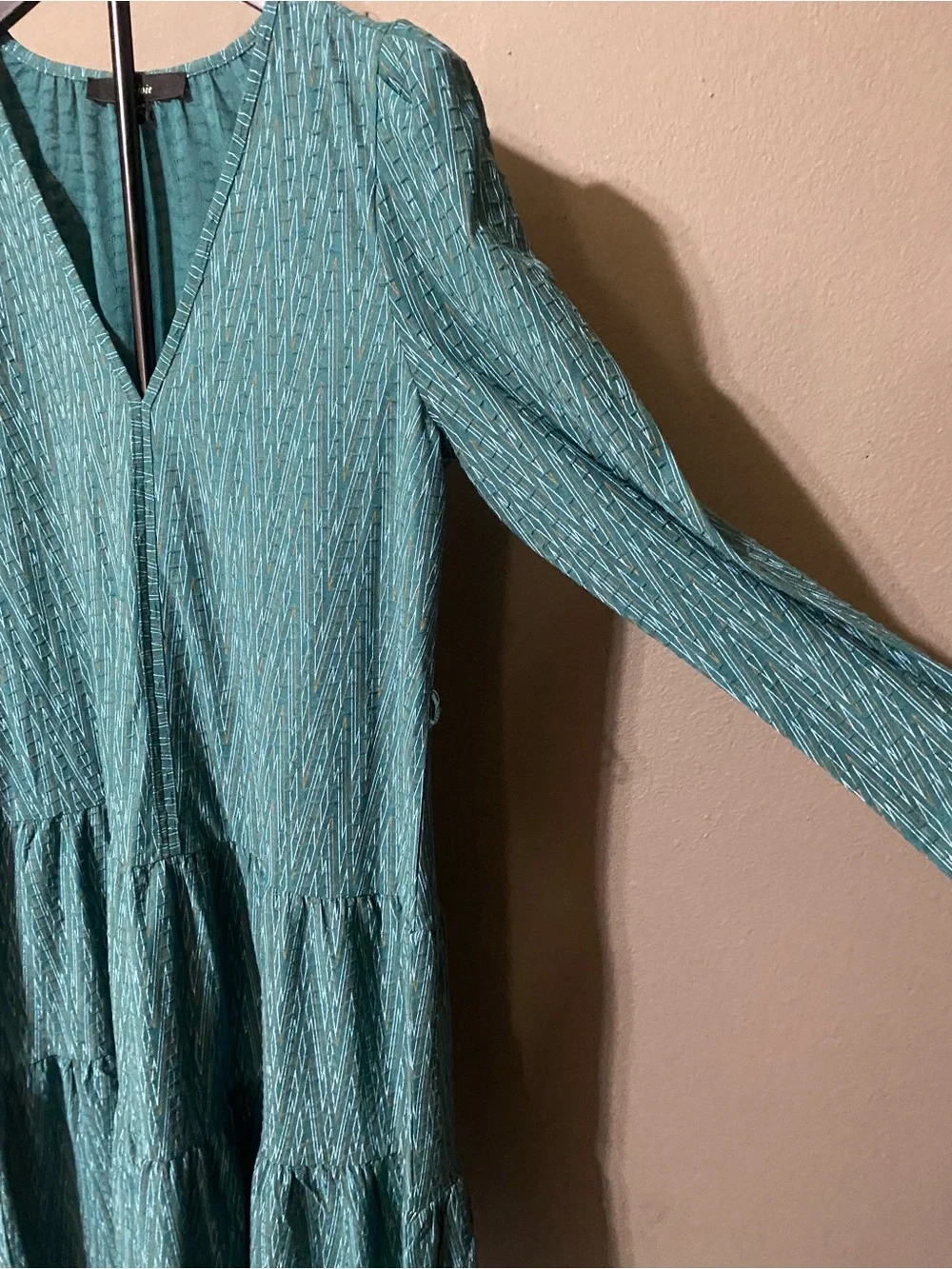 La Joie Teal Textured Tiered Midi Dress Women’s Large Long Sleeve Cottagecore